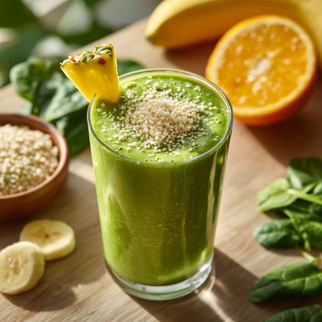Green tropical smoothie high in iron and protein with spinach and hemp hearts