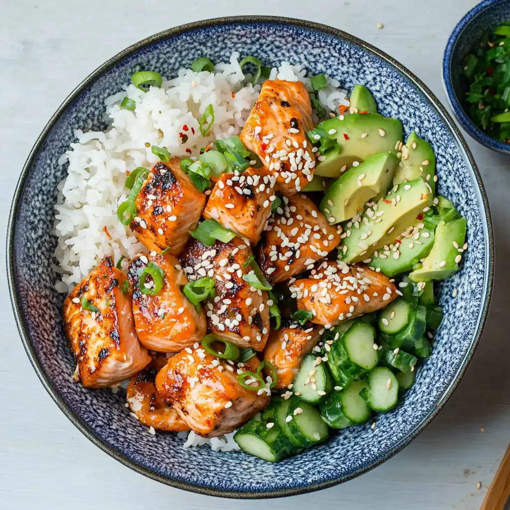 air fryer salmon bowl with teriyaki bites