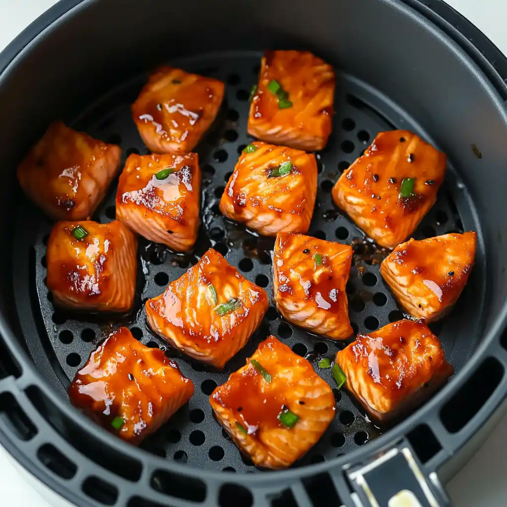 teriyaki salmon bites in air fryer basket