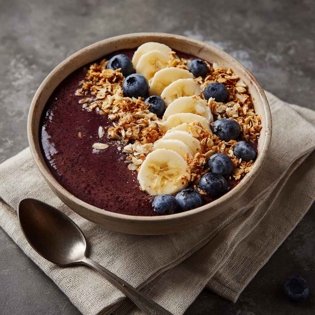 blueberry acai bowl with toppings