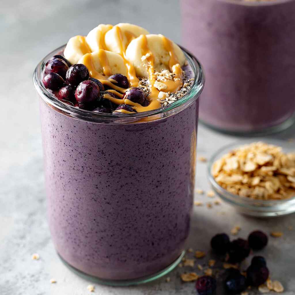 blueberry banana peanut butter smoothie served with toppings