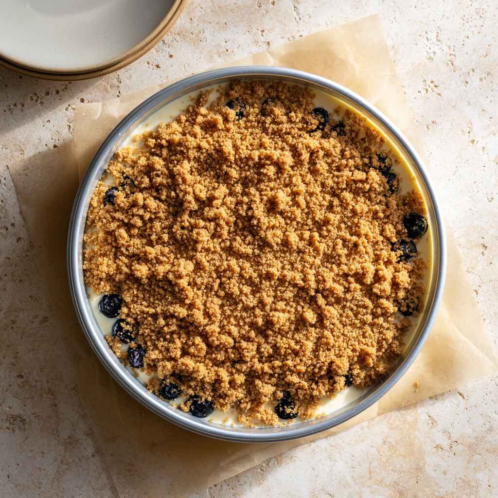 Unbaked blueberry crumble cheesecake in a springform pan