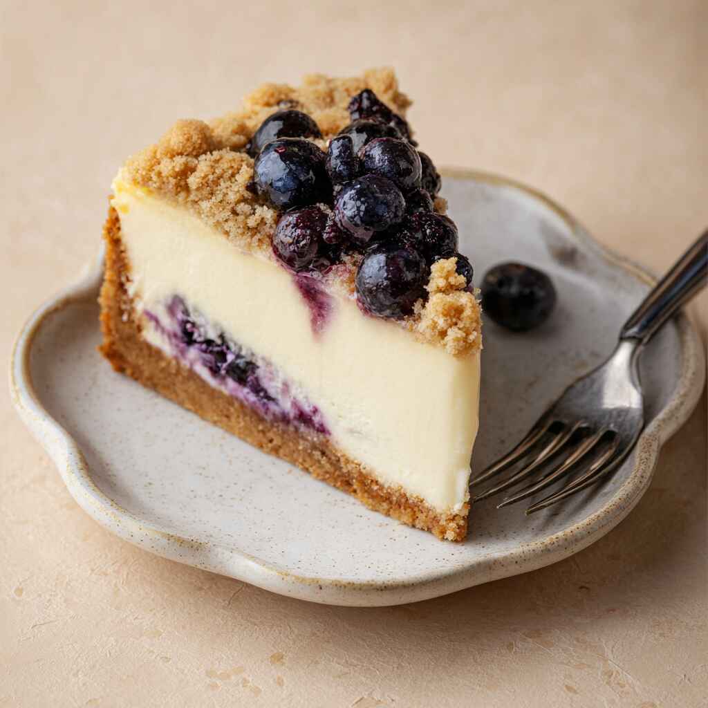 Slice of blueberry crumble cheesecake served
