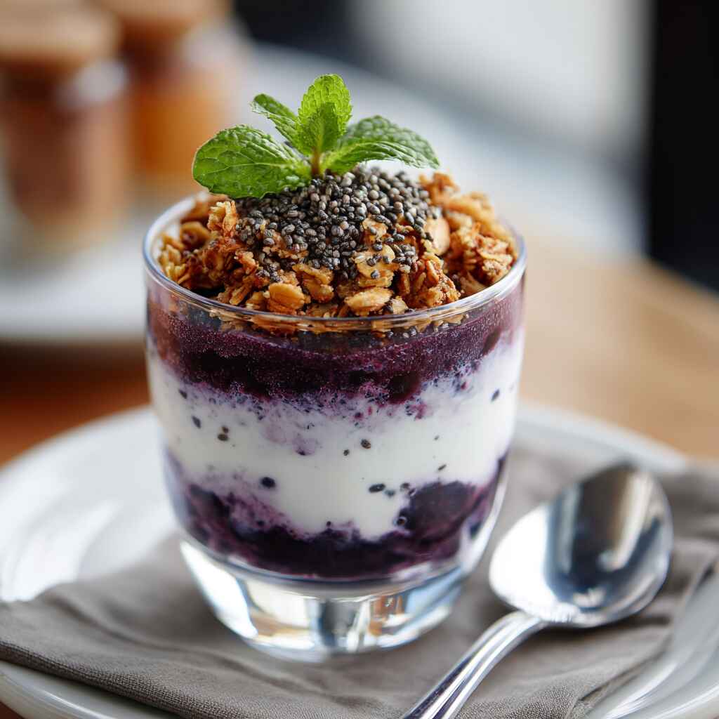 Served blueberry Greek yogurt with granola