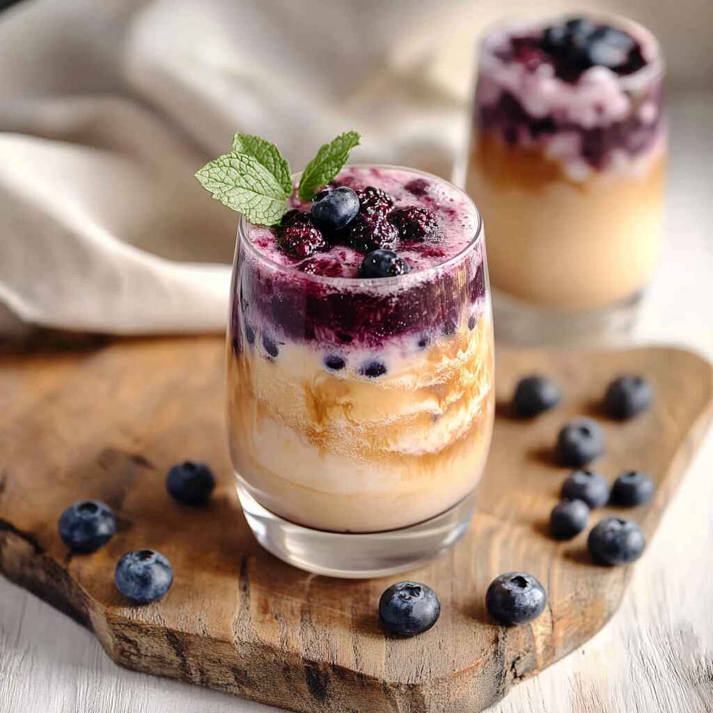 finished blueberry iced latte served with syrup and mint