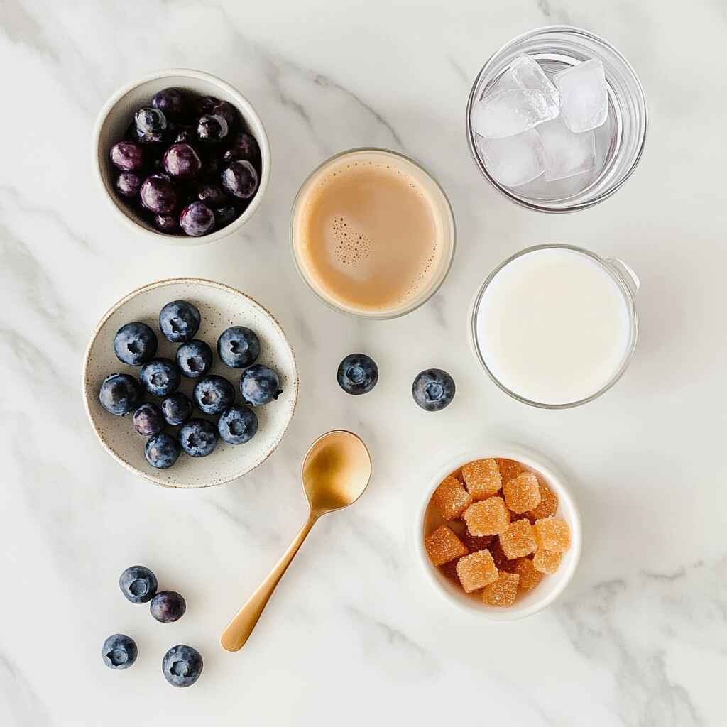 blueberry latte ingredients laid out on marble