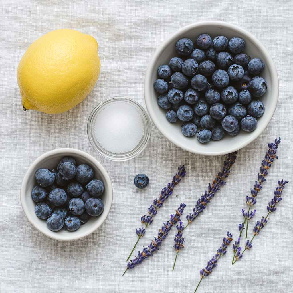 blueberry and lavender jam ingredients flat lay