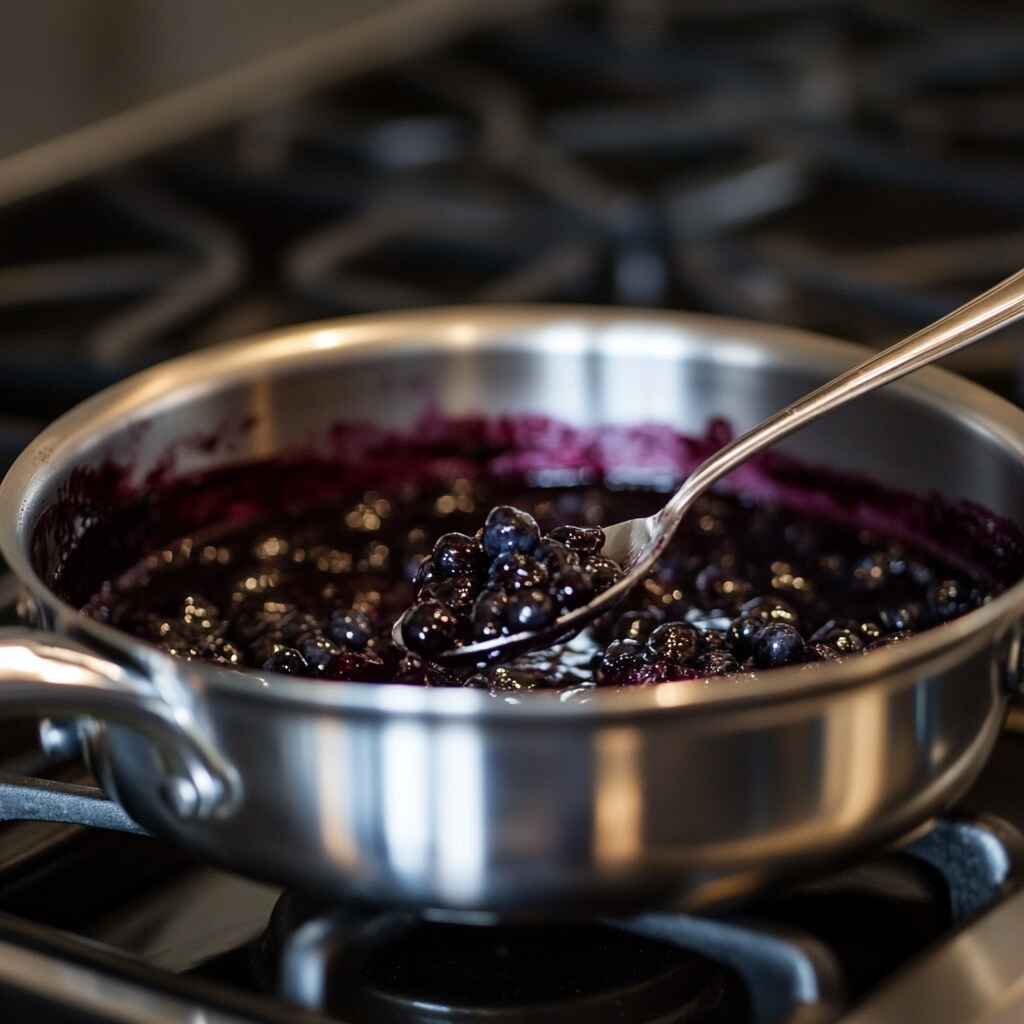 homemade blueberry syrup cooking in pan