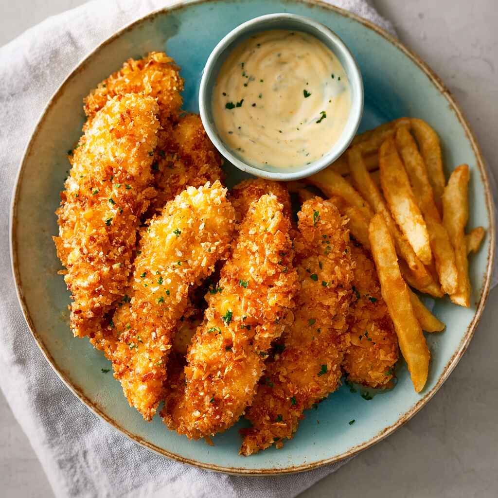 air fryer chicken tenders served with fries and dipping sauce