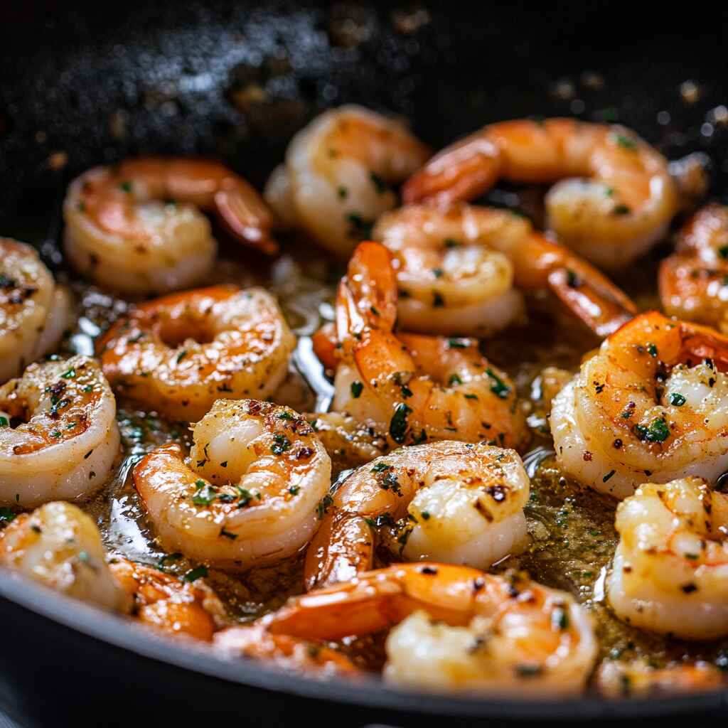 Cooking shrimp with garlic in a skillet