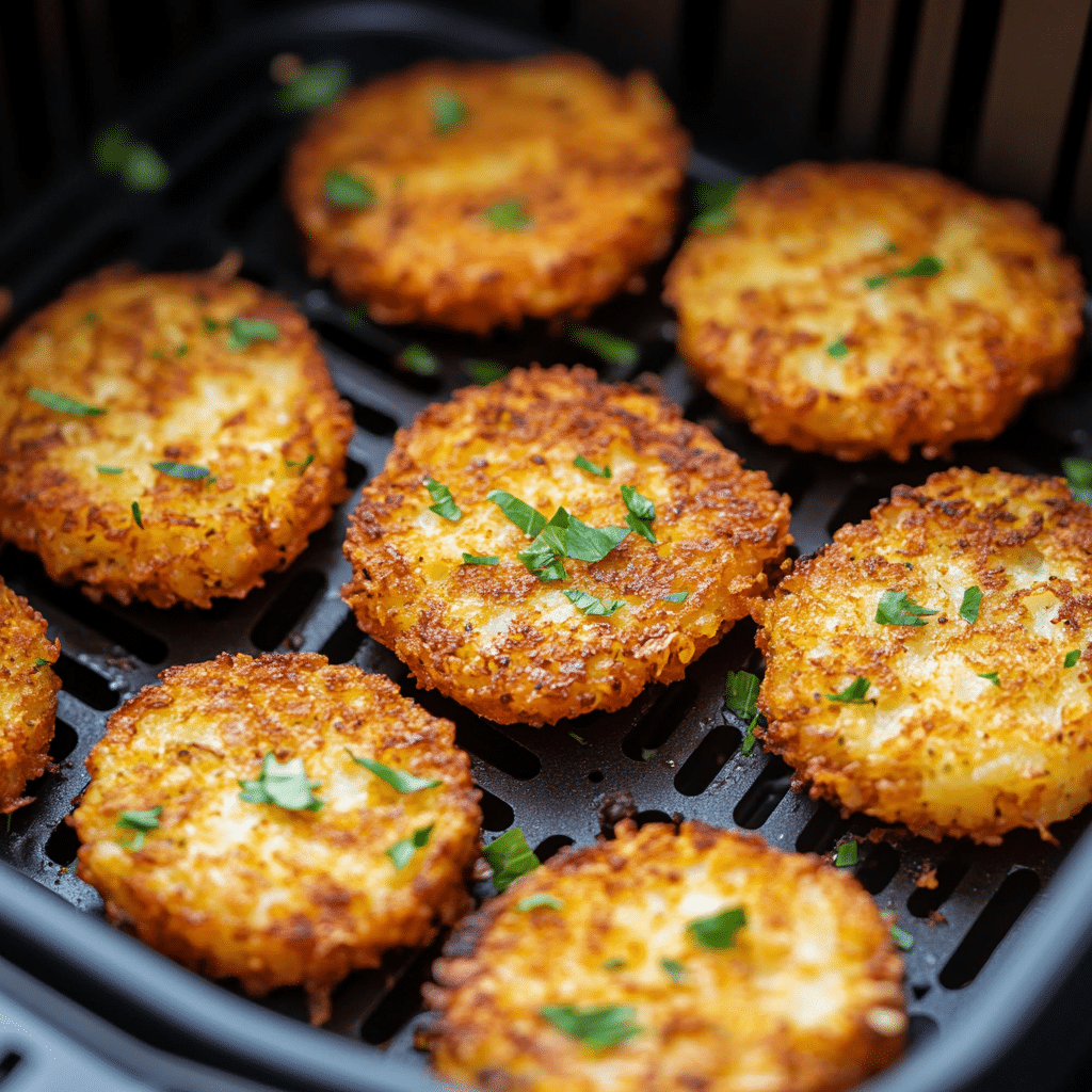 crispy hash brown patties cooking in air fryer