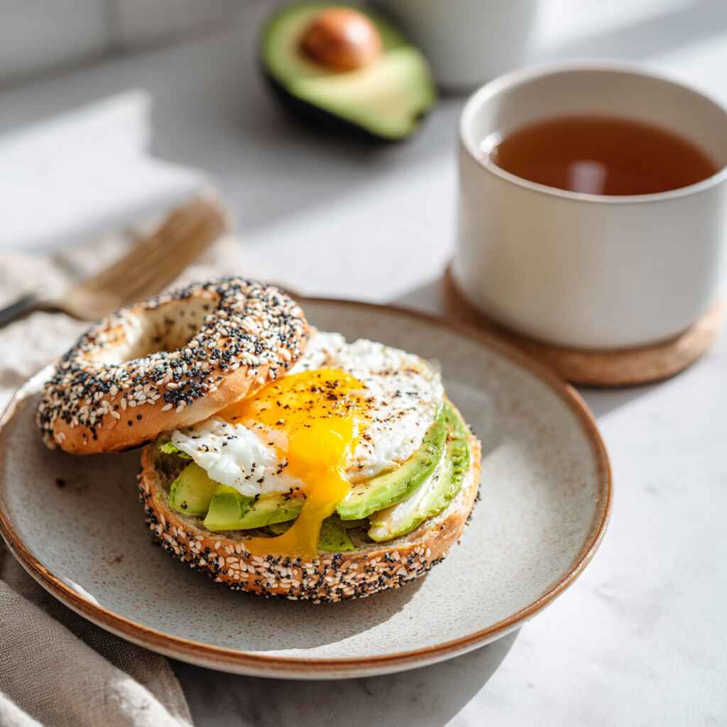 Gluten free bagel served with avocado and egg