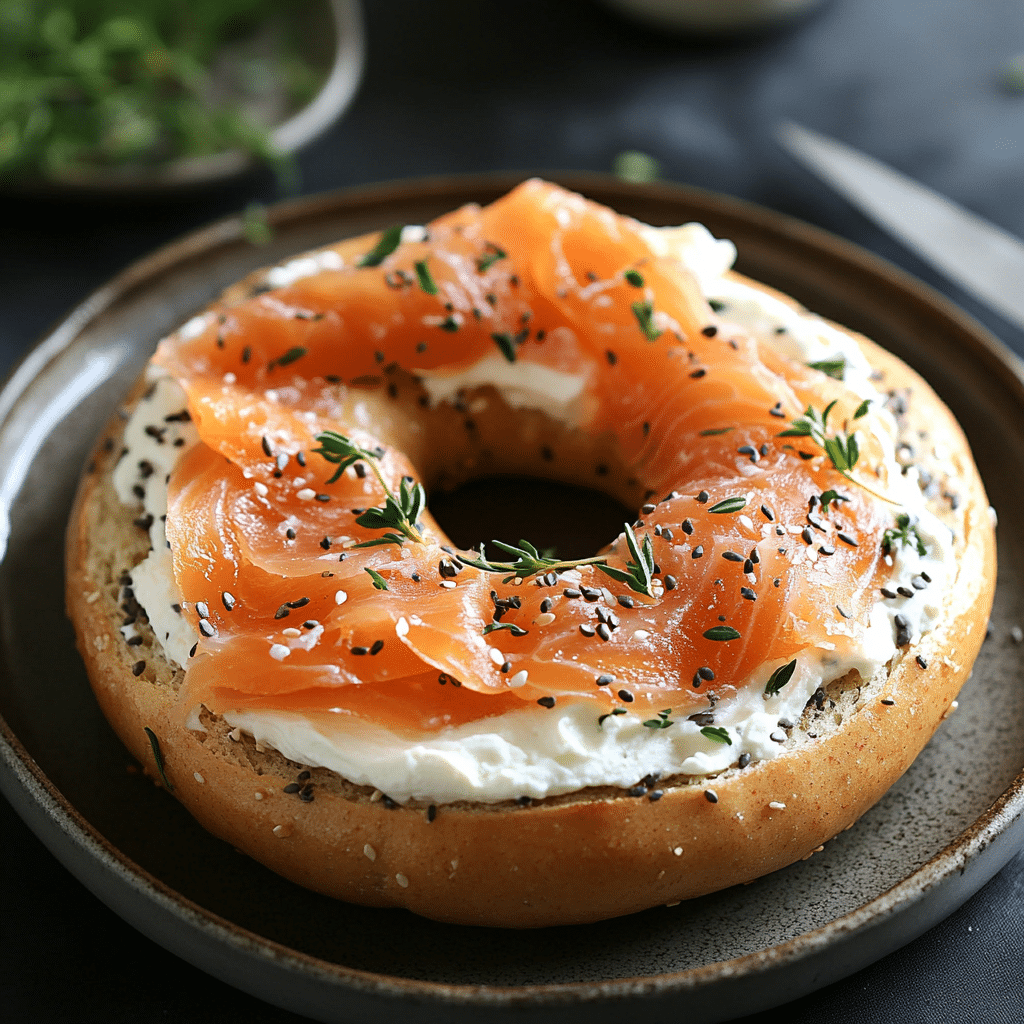 Served high protein bagel with toppings