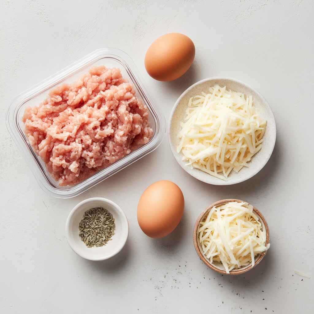 Ingredients for high protein chicken pizza crust including ground chicken, eggs, shredded cheese, and herbs