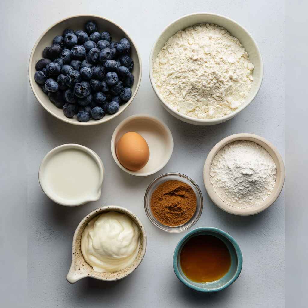 Ingredients for high protein pancake bowl including flour, blueberries, yogurt, egg, and milk