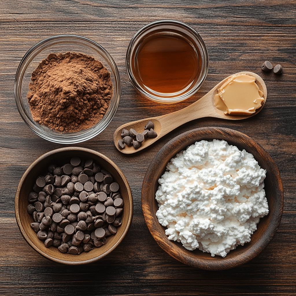 Ingredients for no bake cottage cheese brownie batter protein bites