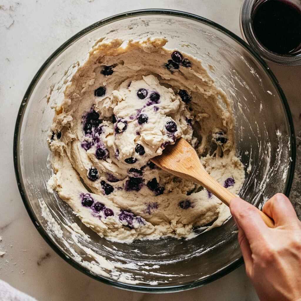 Mixing gluten free blueberry bagel dough in a bowl
