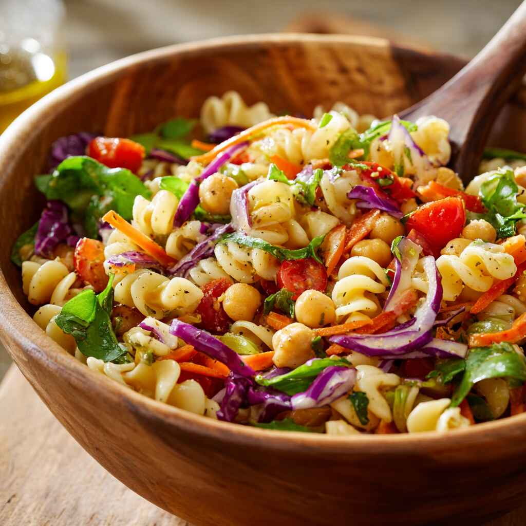 Mixing chickpea pasta and veggies in salad bowl