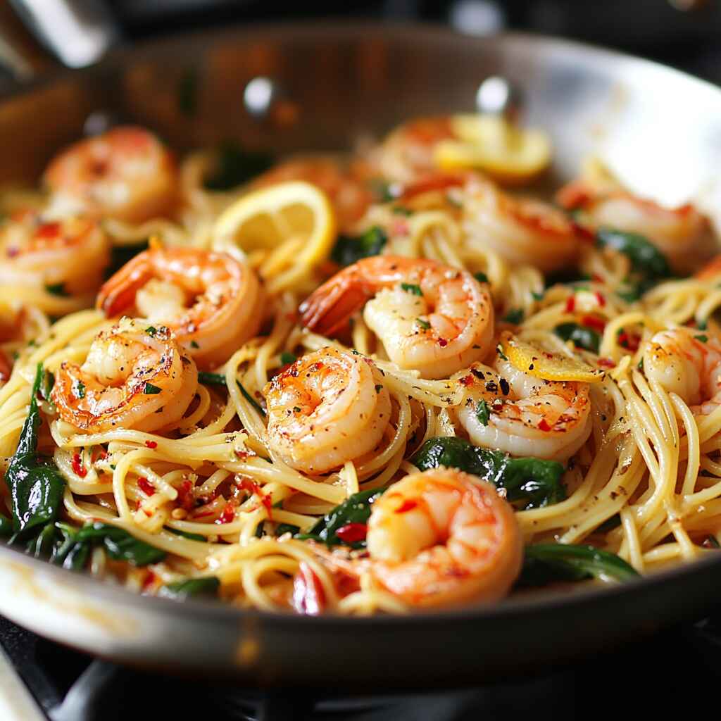 Pasta mixed with shrimp, garlic, lemon, and spinach