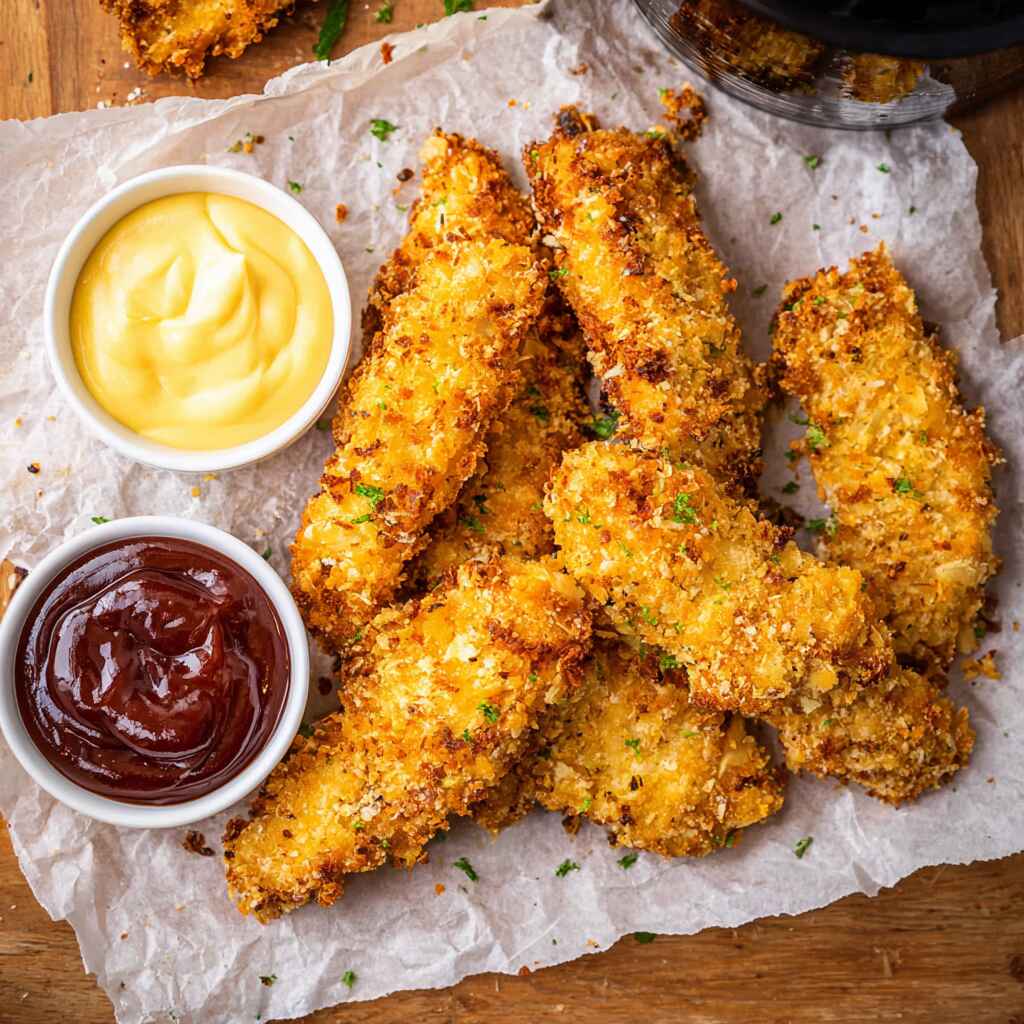 potato chip crusted chicken air fryer tenders served with dipping sauces