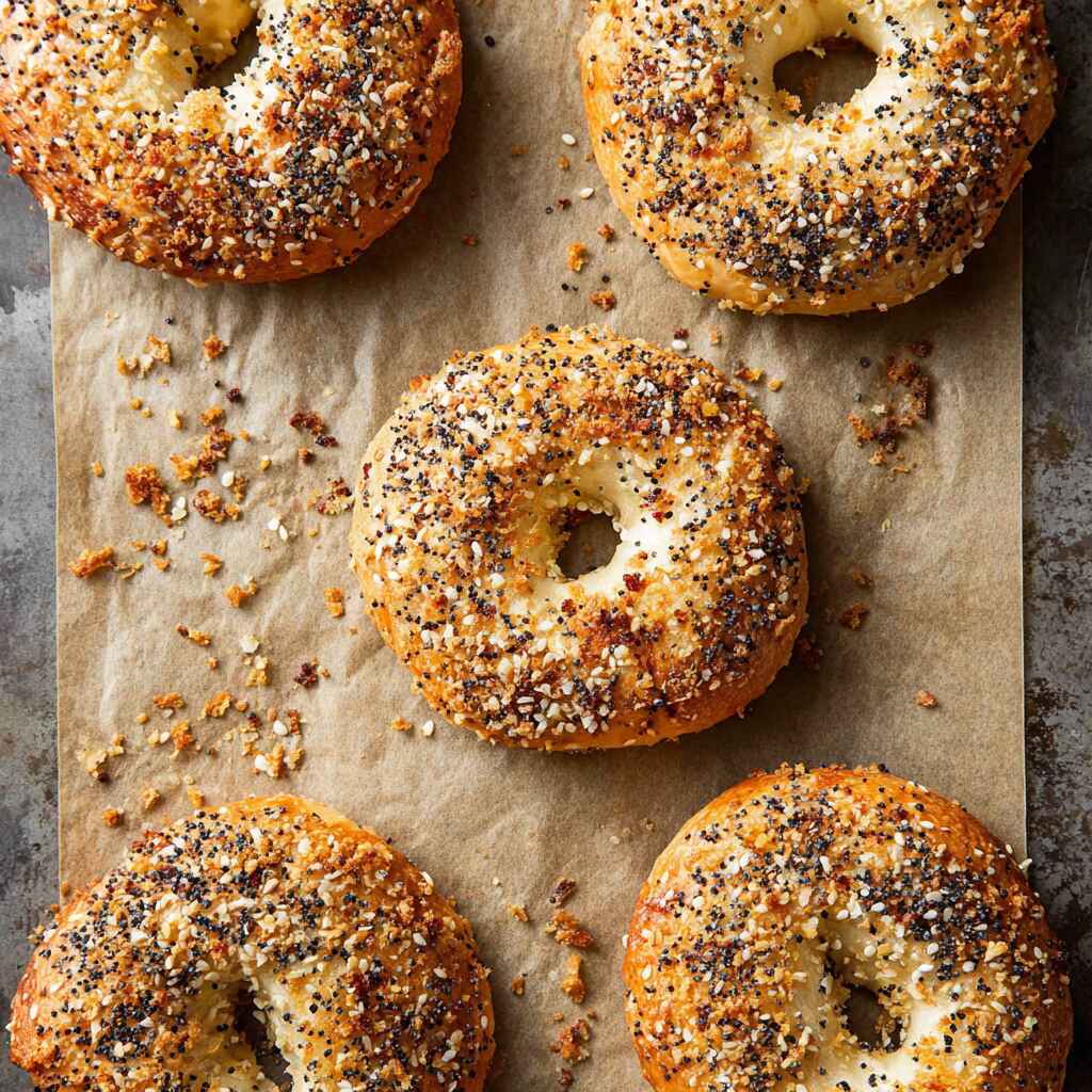 Freshly baked everything bagels on parchment paper with golden crust and seasoning