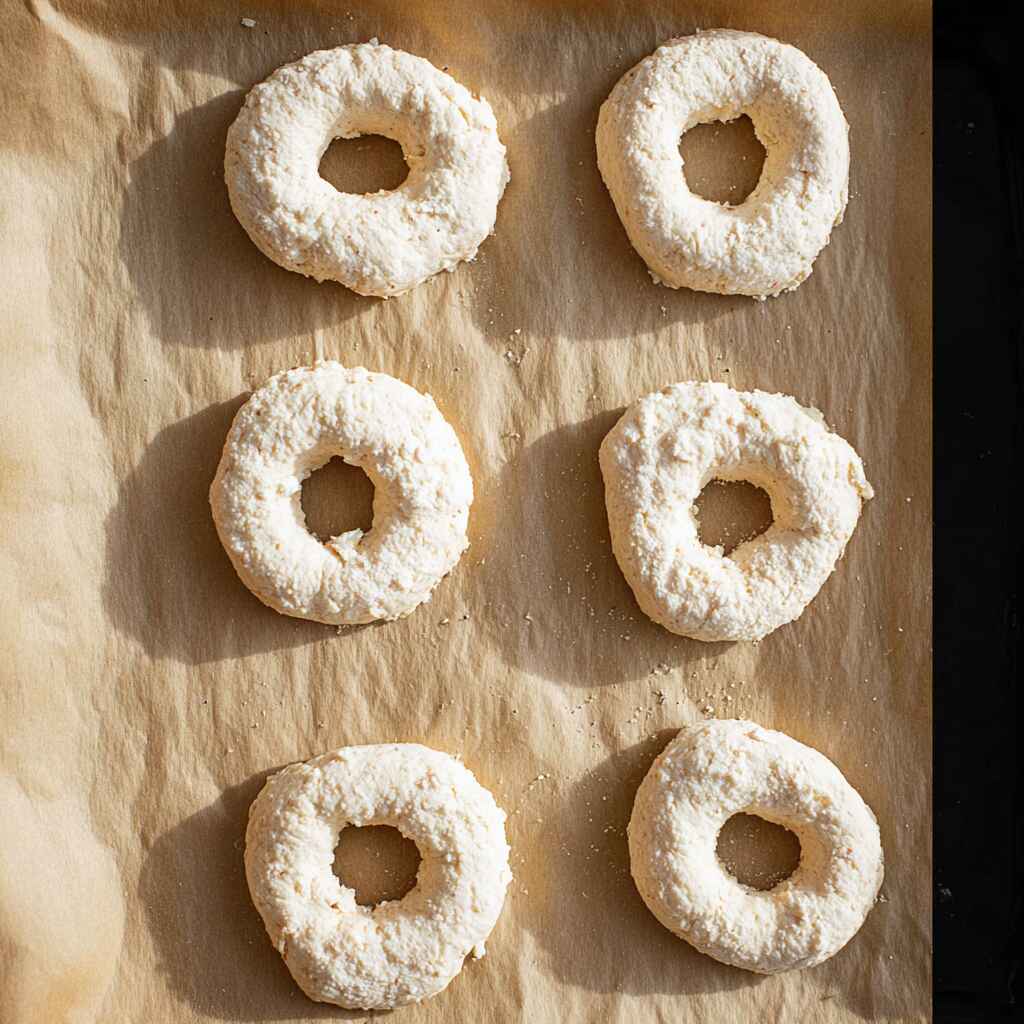 Unbaked homemade bagels shaped and arranged on parchment paper before baking