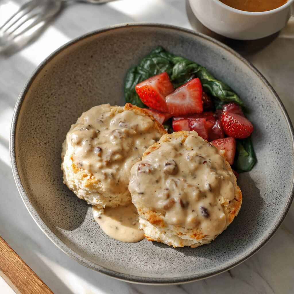 plated protein biscuits and gravy with healthy sides