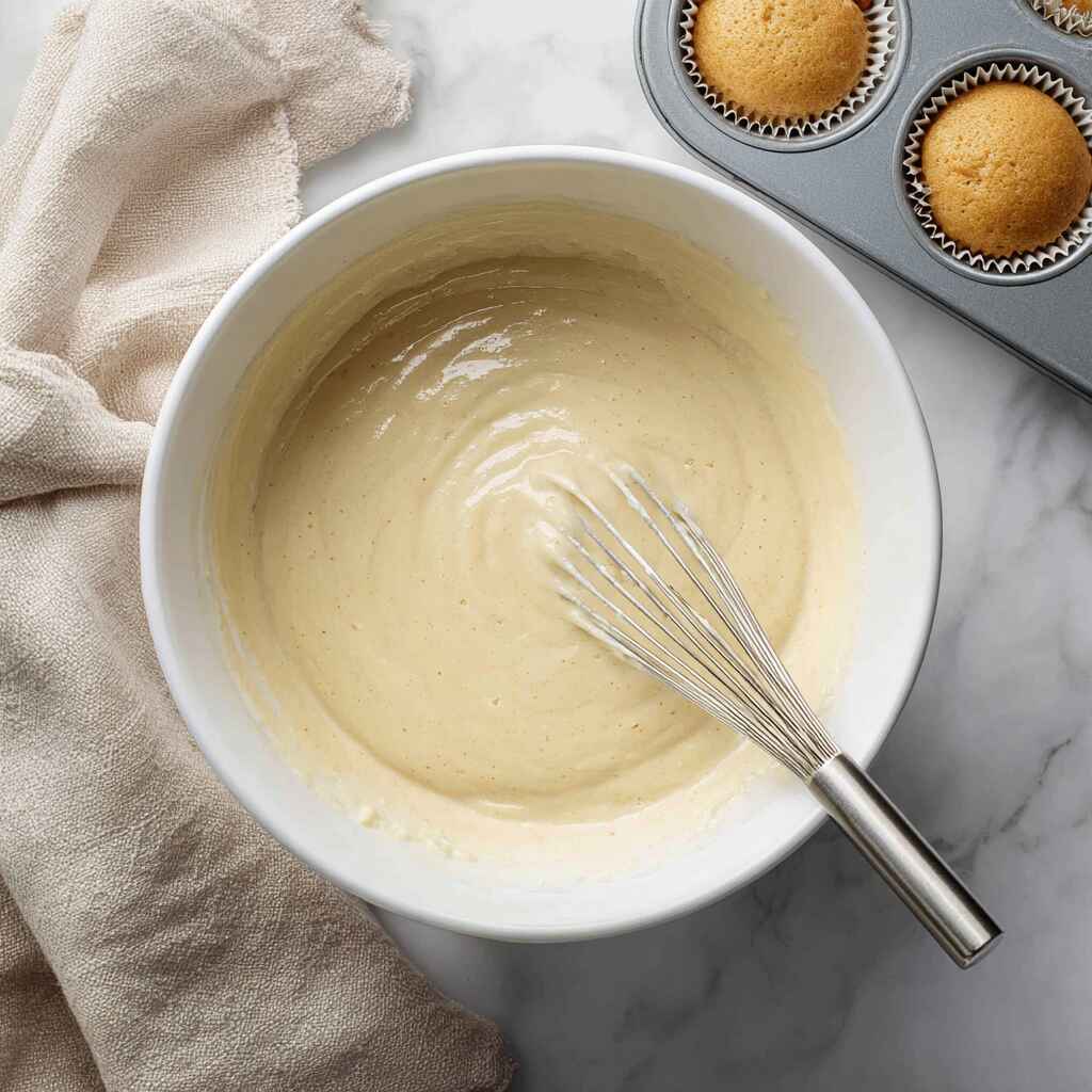 Whisking protein cupcake batter in white bowl