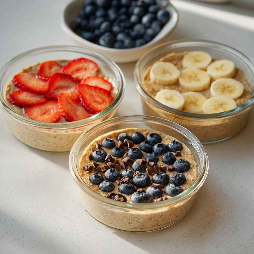 Three high protein pancake bowls topped with strawberries, bananas, blueberries, and chocolate chips
