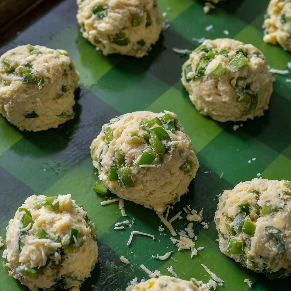 scooped biscuit dough for high protein breakfast biscuits cottage cheese on baking tray