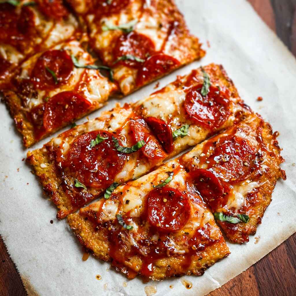 Sliced high protein chicken pizza crust topped with pepperoni, cheese, basil, and hot honey