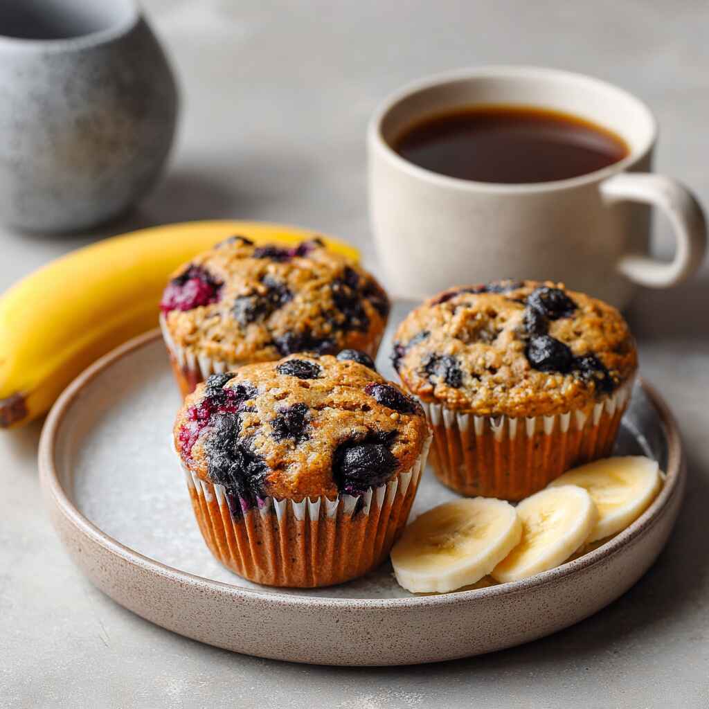 served healthy banana blueberry muffins