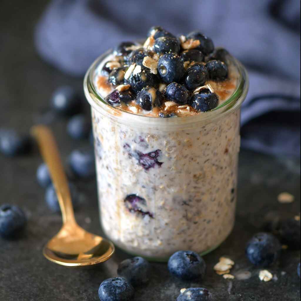 Served blueberry overnight oats high protein