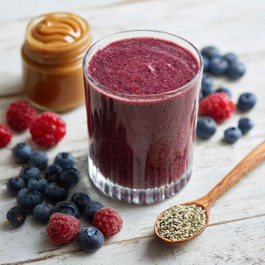 Served blueberry and raspberry smoothie with berries and hemp seeds