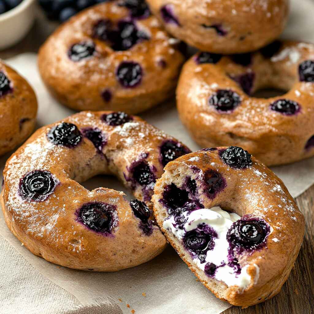 Sliced gluten free blueberry bagel served with cream cheese
