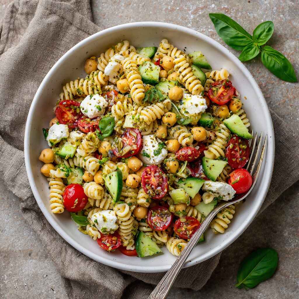 High protein pasta salad serving with za’atar