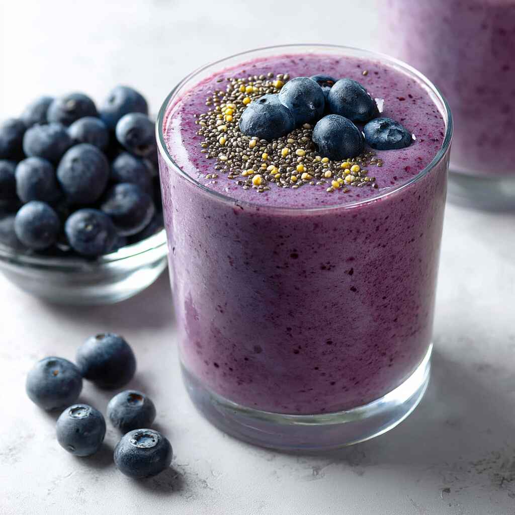 blueberry banana peanut butter smoothie with chia seeds and fresh blueberries