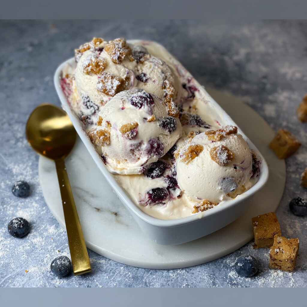 Blueberry muffin ice cream served with crumbles and fresh berries