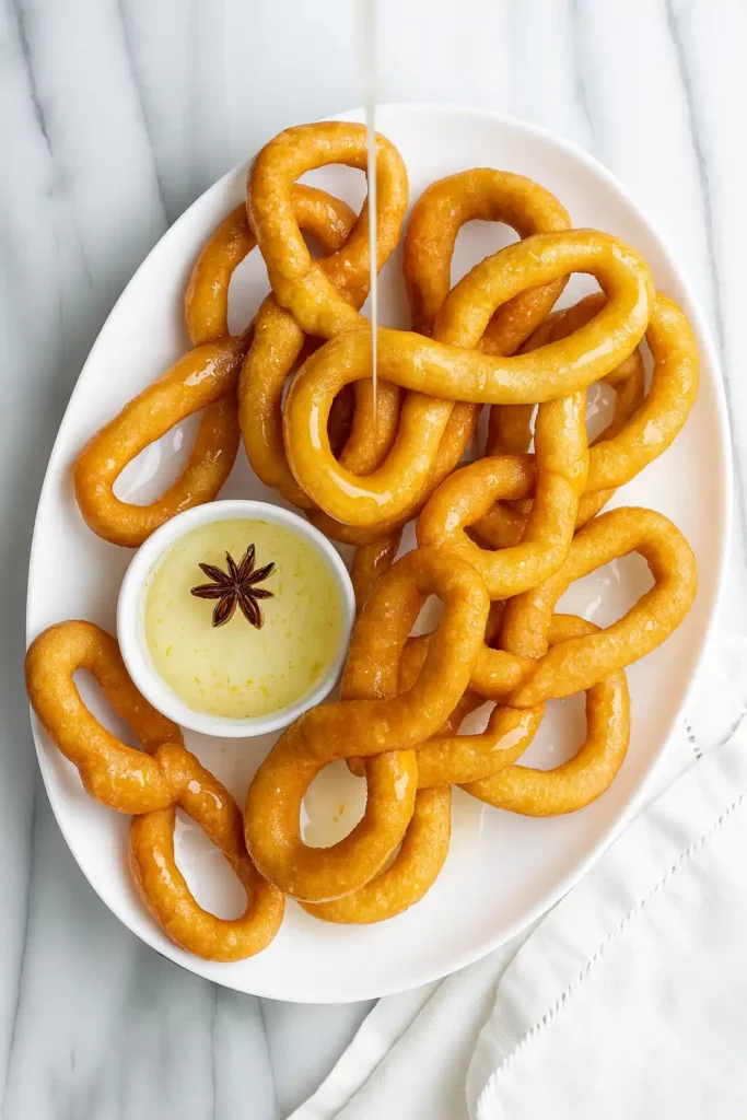 Cuban buñuelos with syrup drizzle and star anise on a white plate
