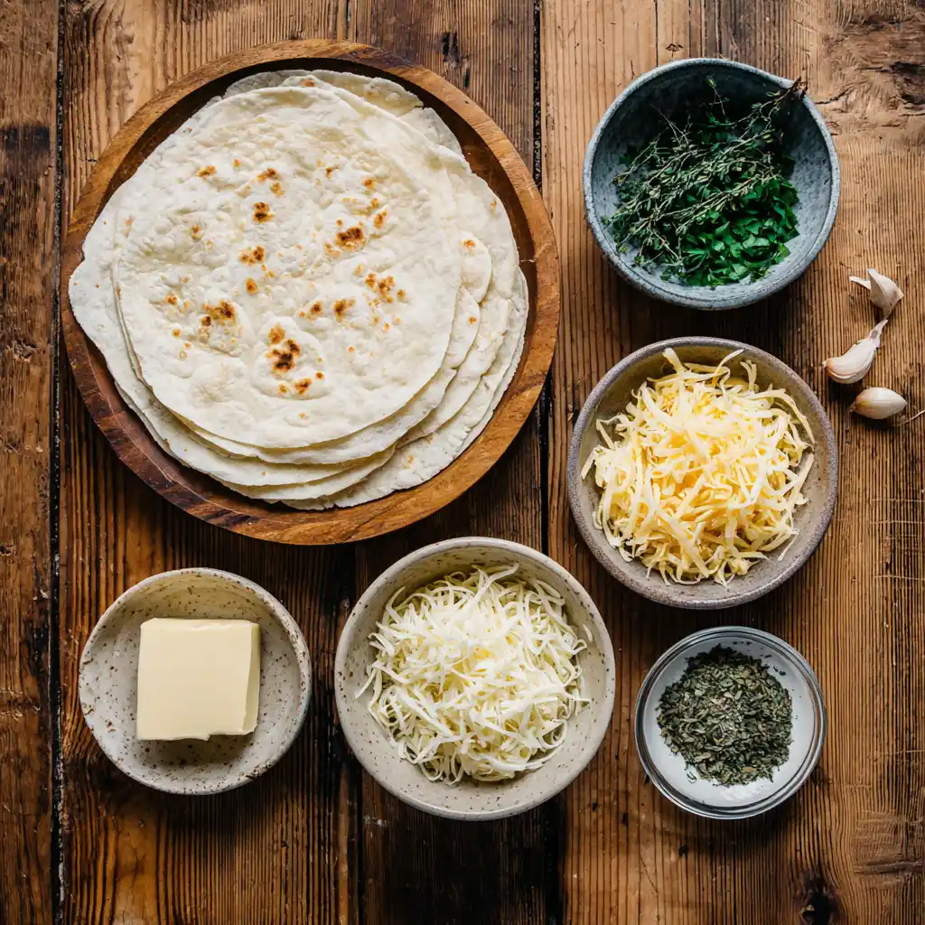 Ingredients for Air Fryer Cheesy Tortilla Garlic Bread