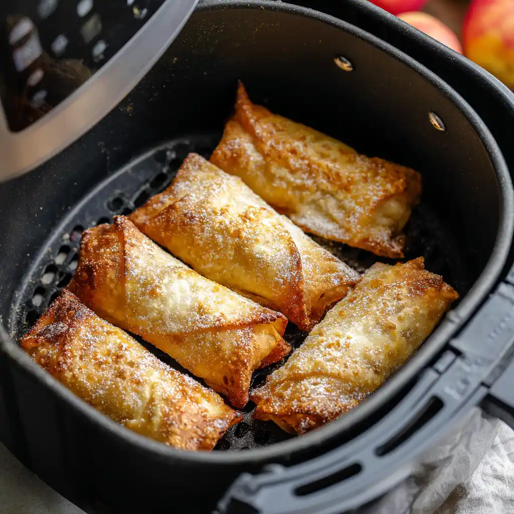 Air Fryer Peach Cobbler Egg Rolls in basket