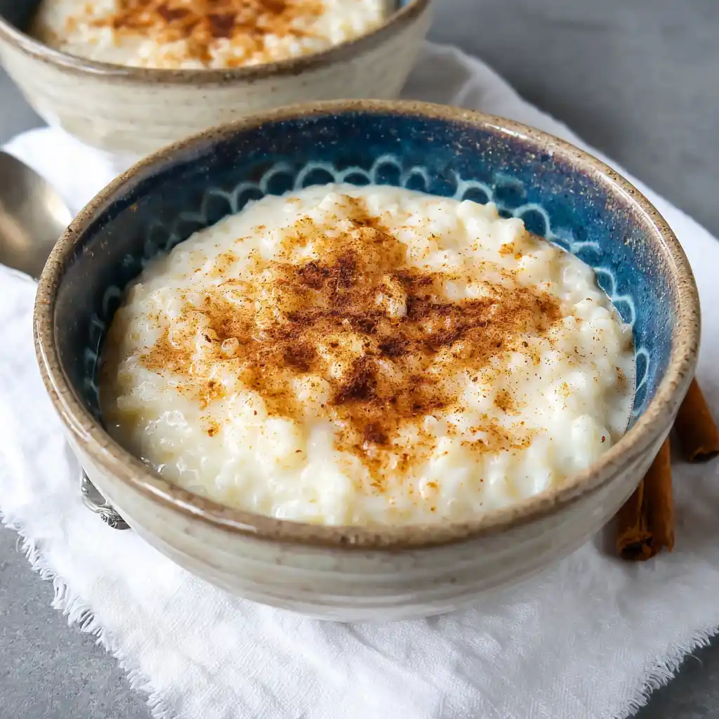 Creamy Cuban arroz con leche rice pudding topped with cinnamon