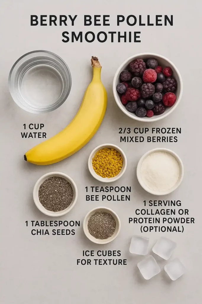 Berry bee pollen smoothie ingredients arranged flat on a light background