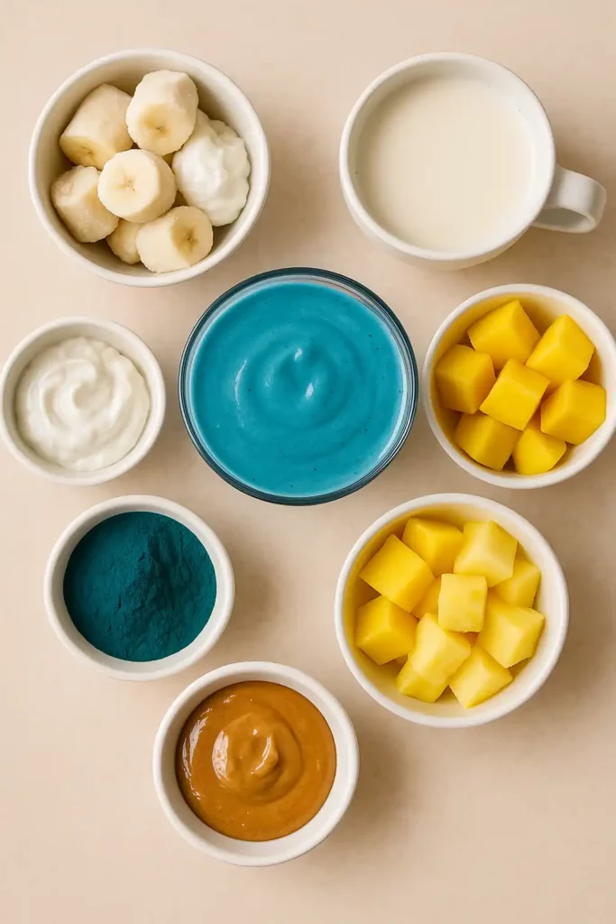 Blue spirulina smoothie ingredients laid out neatly