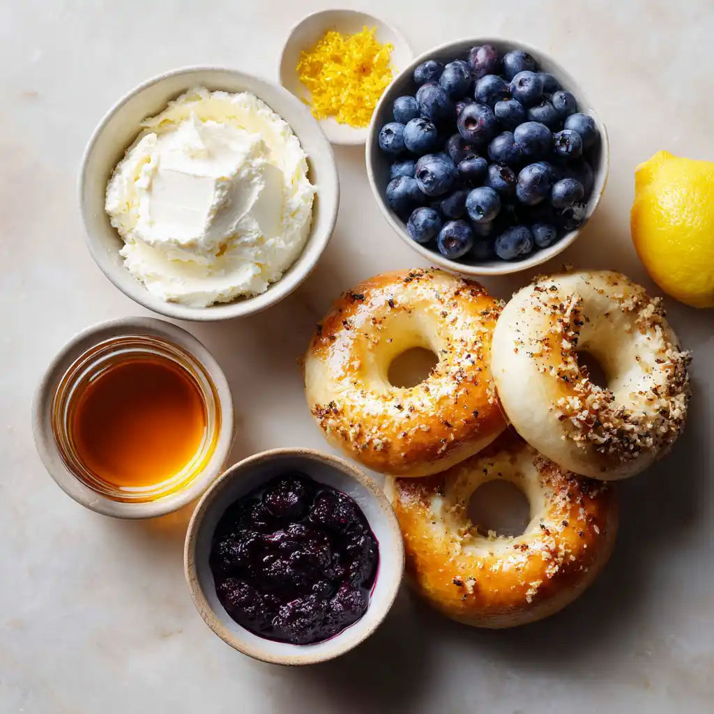 spreading blueberry cream cheese on bagel