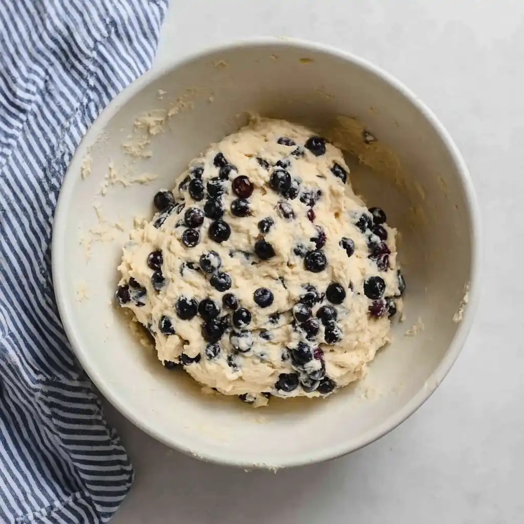 Blueberry bagel dough mixed in a bowl with whole blueberries visible