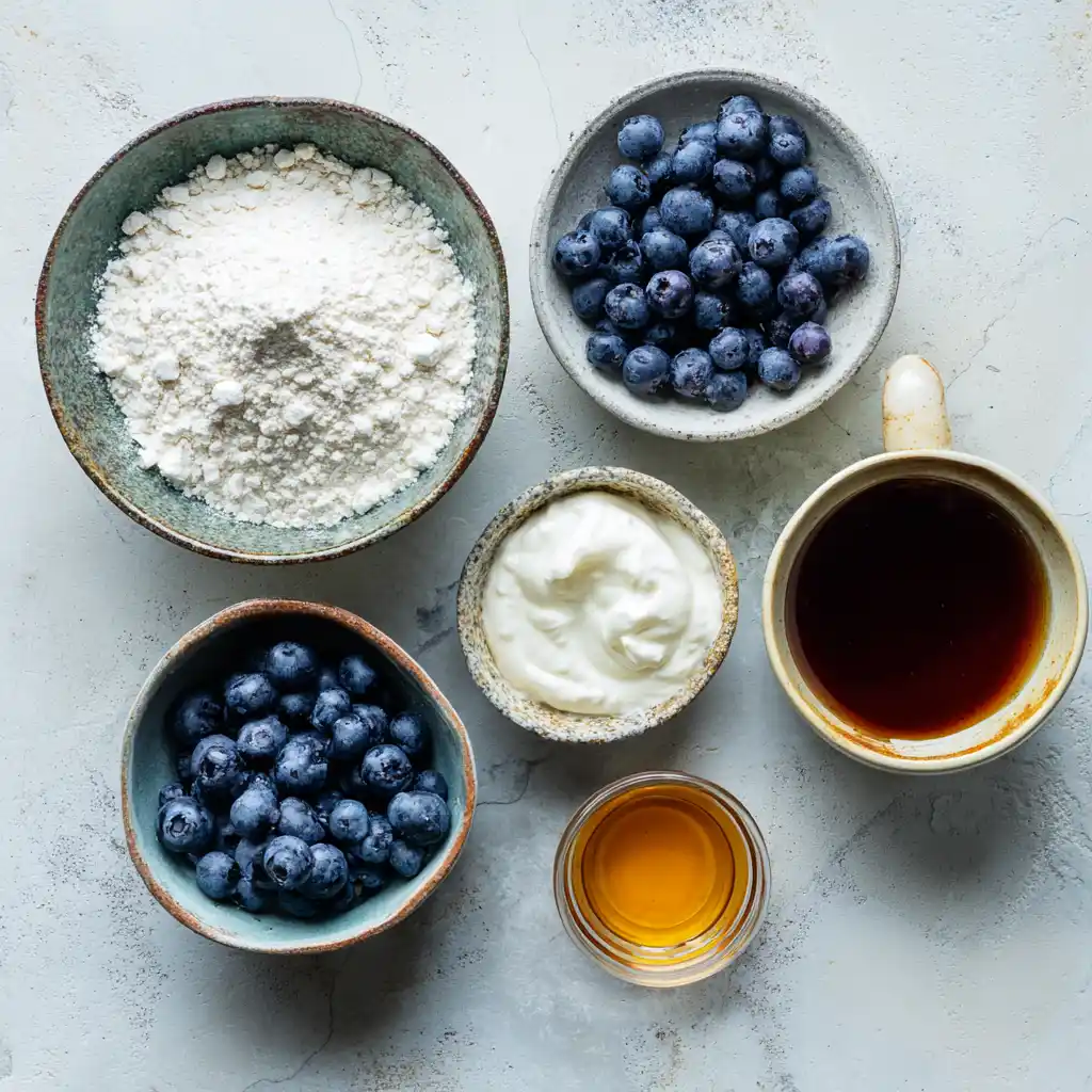 Blueberry bagel ingredients including flour, yogurt, maple syrup, and fresh blueberries