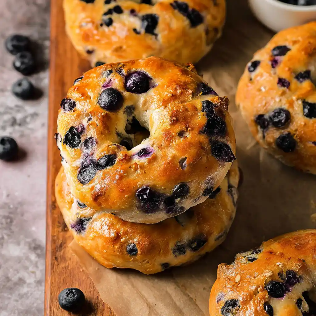 Golden baked blueberry bagels stacked on a wooden board with fresh blueberries