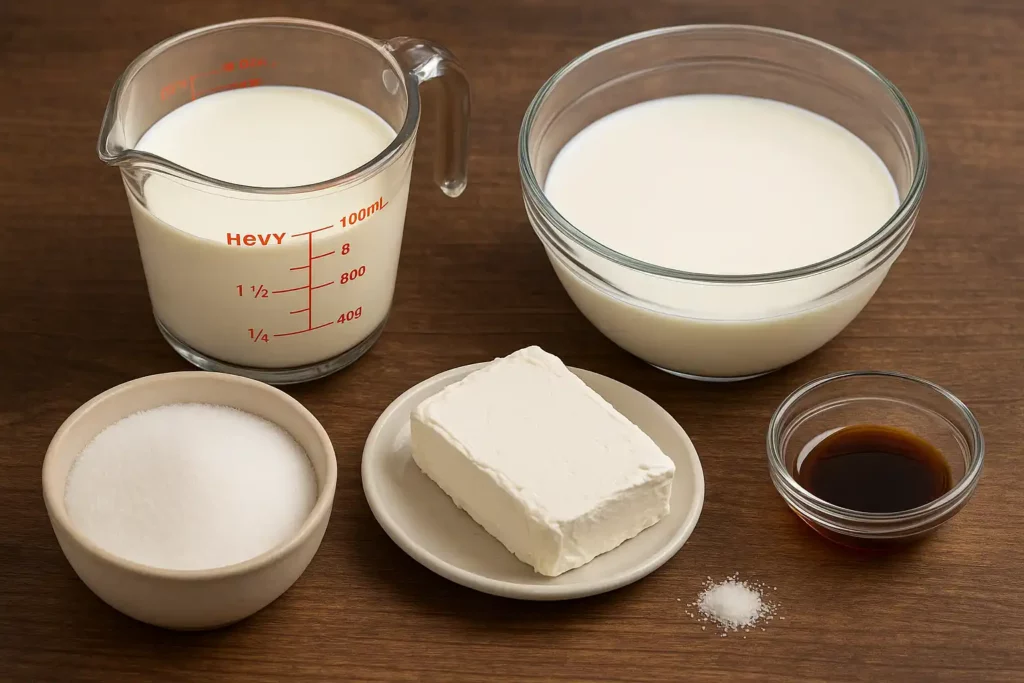 cream cheese, sugar, milk, vanilla, salt, and cream displayed on a wooden table for ice cream recipe