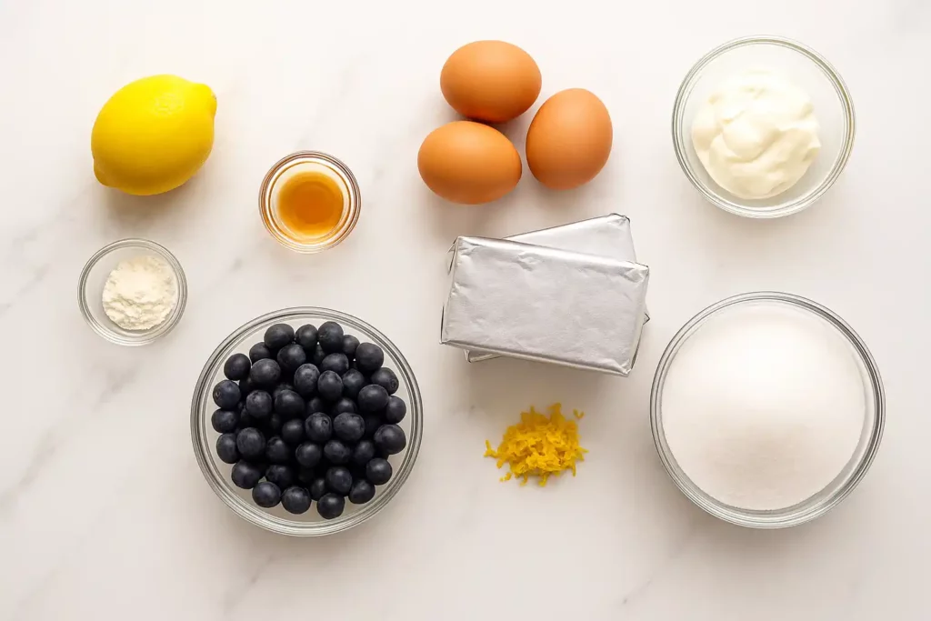 Ingredients for blueberry cheesecake filling arranged on white background